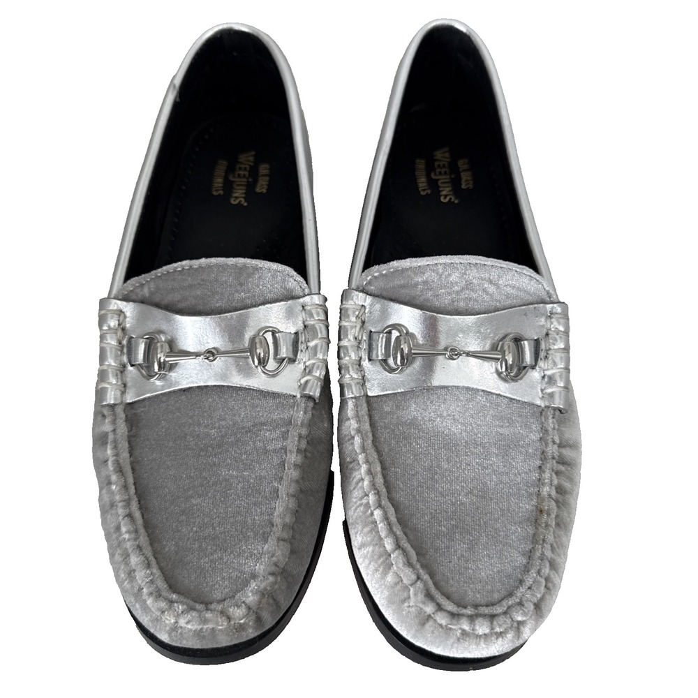 Bass Weejuns Lianna Velvet Metallic Silver Loafers Size 8 Medium Gray Horse Bit